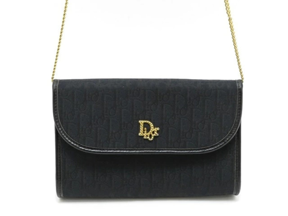 Christian Dior Trotter Chain Shoulder Bag Black Canvas Calfskin